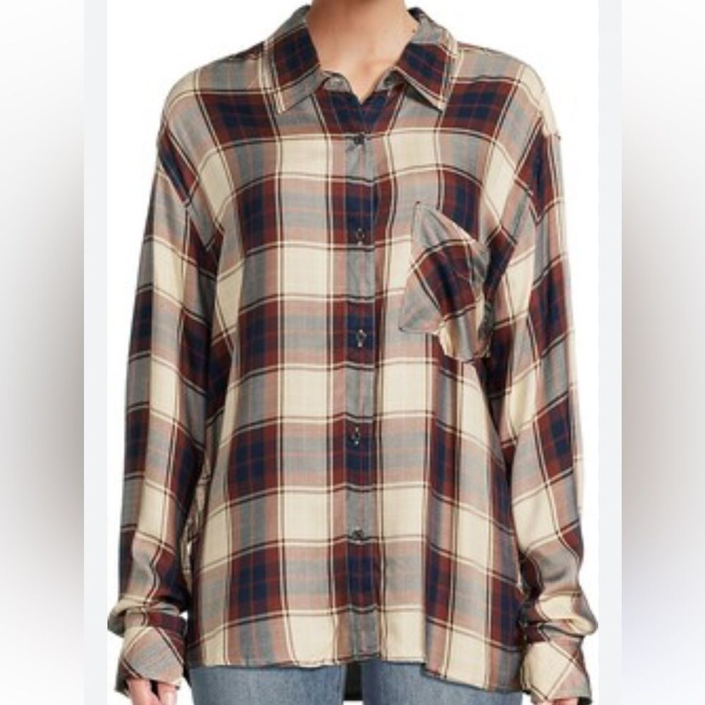 WEWOREWHAT Women's Boyfriend Shirt Ecru Multi Plaid Size S/M New with Tags